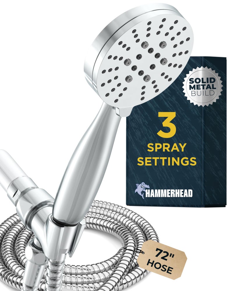 HammerHead ShowersÂ® Solid Metal 3-Spray Handheld Shower Head with Long Hose and Holder - CHROME - 2.5 GPM High Pressure Shower Head with Handheld Sprayer - WIDE, MASSAGE, and MIST Sprays - Image 1